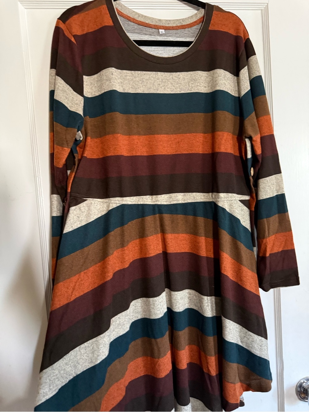 NWOT Size XL Striped Long Sleeve Swing Dress in Orange, Teal Brown Button Detail